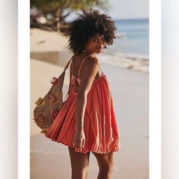 Free People Crystal Cove Smocked Mini Dress Embroidered Cutout NEW - Picture 2 of 4